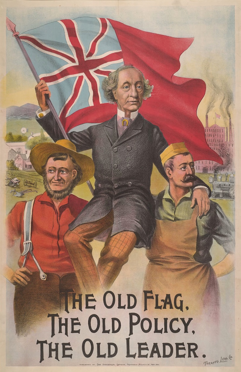An old-fashioned lithograph shows Canada’s former flag, a variation of the Union Jack, hoisted by a middle-aged white man (meant to be John A. MacDonald).