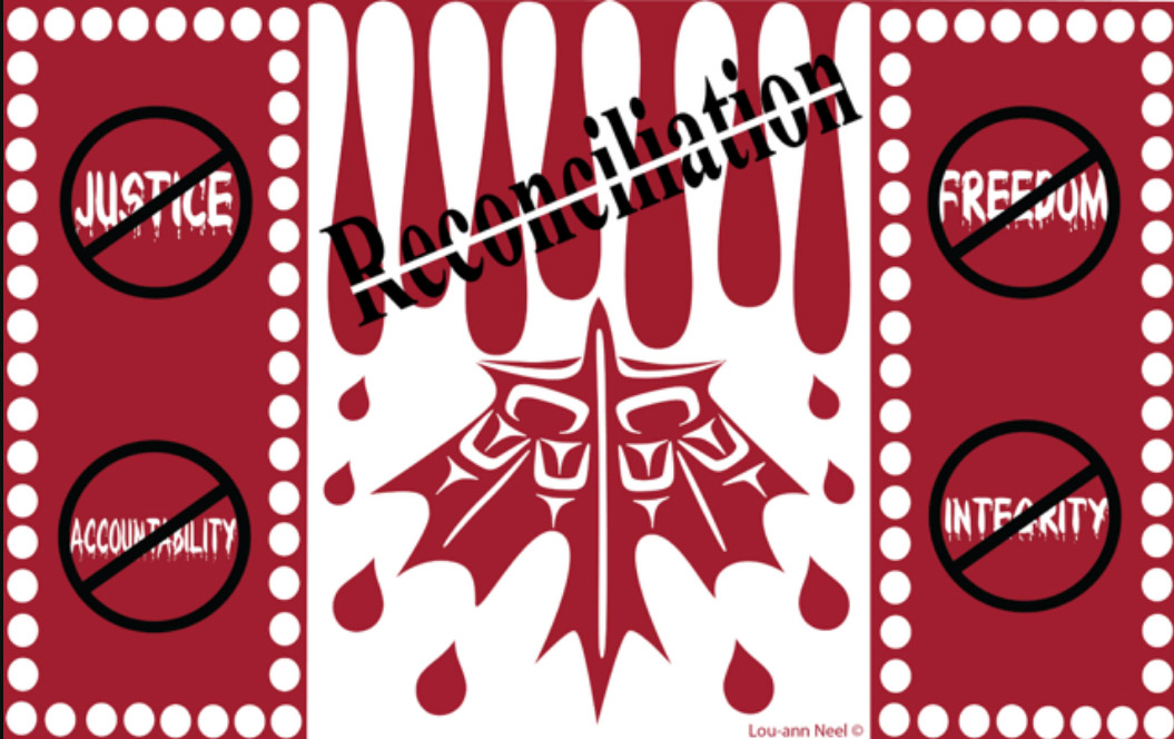 A black, red and white graphic design employing Indigenous motifs includes an upside down version of the maple leaf surrounded by the words ‘reconciliation,’ ‘justice,’ ‘accountability,’ ‘freedom’ and ‘integrity’ with lines crossing them out.