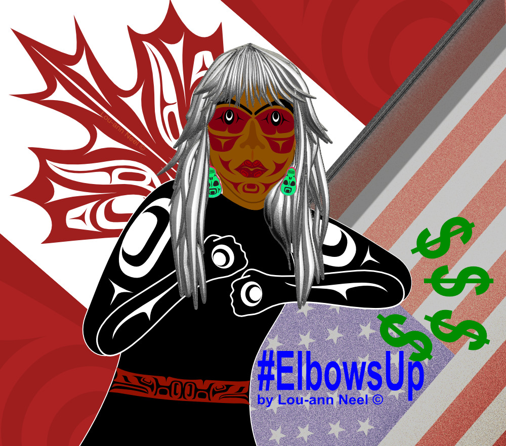A black, red and white design employs Indigenous motifs to show a version of the maple leaf, a woman and the words ‘Elbows up’ and dollar signs.