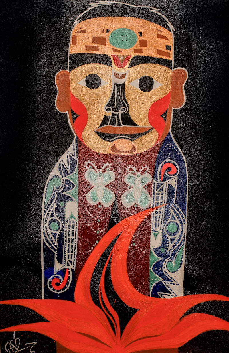 A stylized painting features an Indigenous child in a blue ceremonial blanket and a red flare of colour at the bottom of the frame.