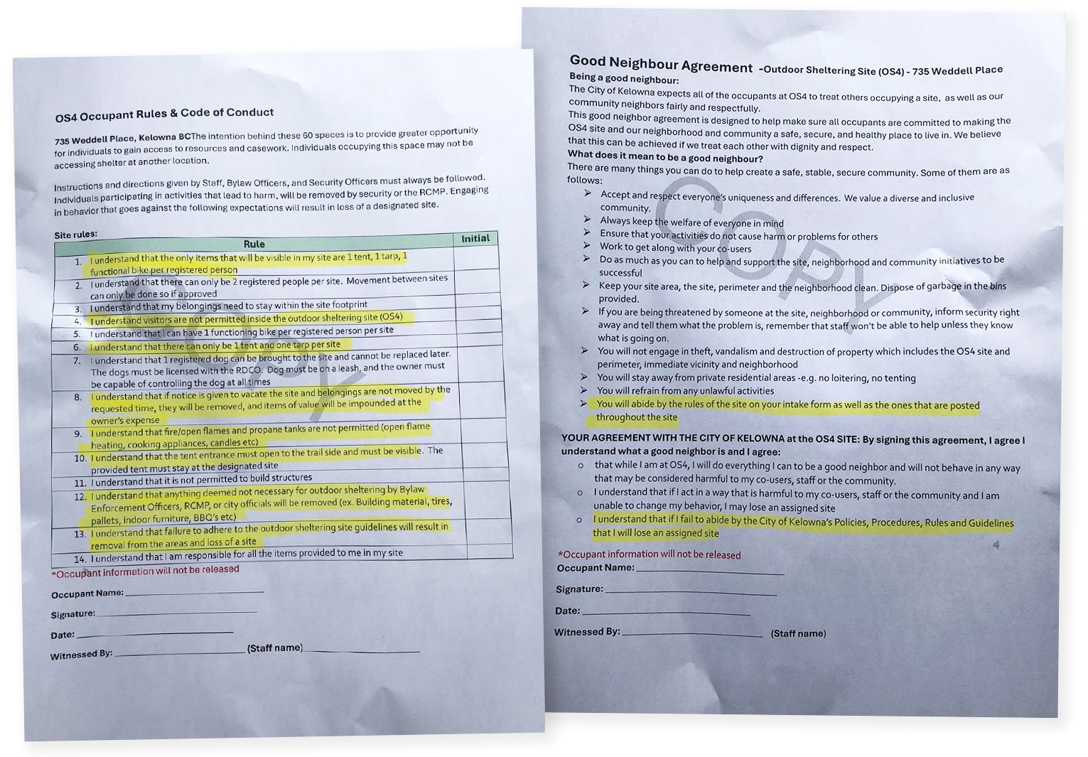 A document shows rules and regulations, such as site occupancy, number of tents and tarps allowed, etc.