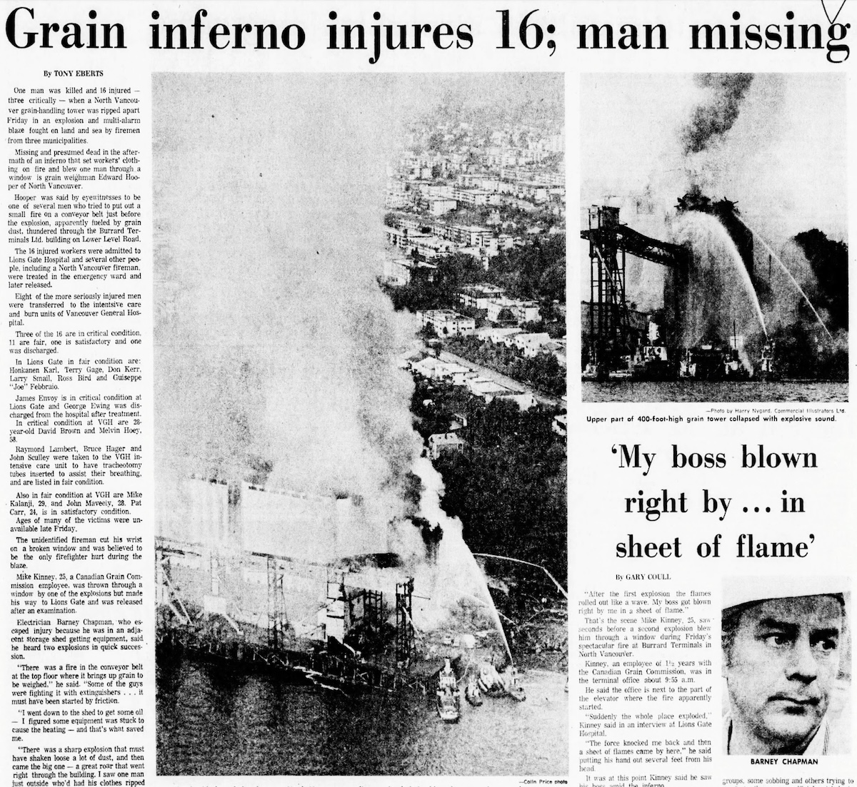 A newspaper clipping shows photos of a smoking grain terminal with the headlines &lsquo;Grain inferno injures 16; man missing&rsquo; and &lsquo;My boss blown right by... in sheet of flame.&rsquo;