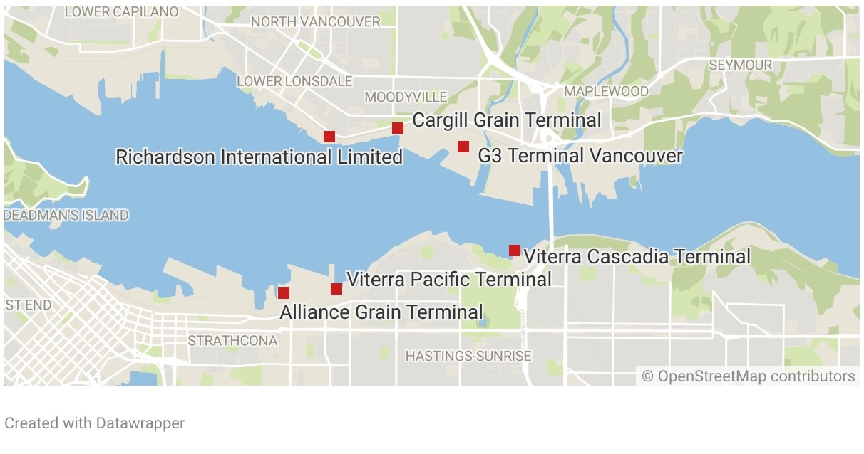 A map shows grain terminals along Burrard Inlet, with the Richardson International, Cargill and G3 terminals on the north side and Alliance, Viterra Pacific and Viterra Cascadia on the south.