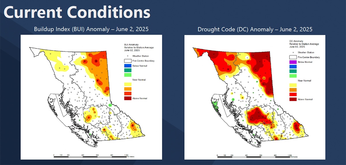 Two maps. The map on the left, titled ‘Buildup index anomaly, June 2, 2025,’ shows varying shades of orange in the top right, some orange in the middle and bottom right, and some yellow in the top left. The map on the right, titled ‘Drought code anomaly, June 2, 2025,’ shows areas of light and dark red in the top left, top right, middle and lower right.