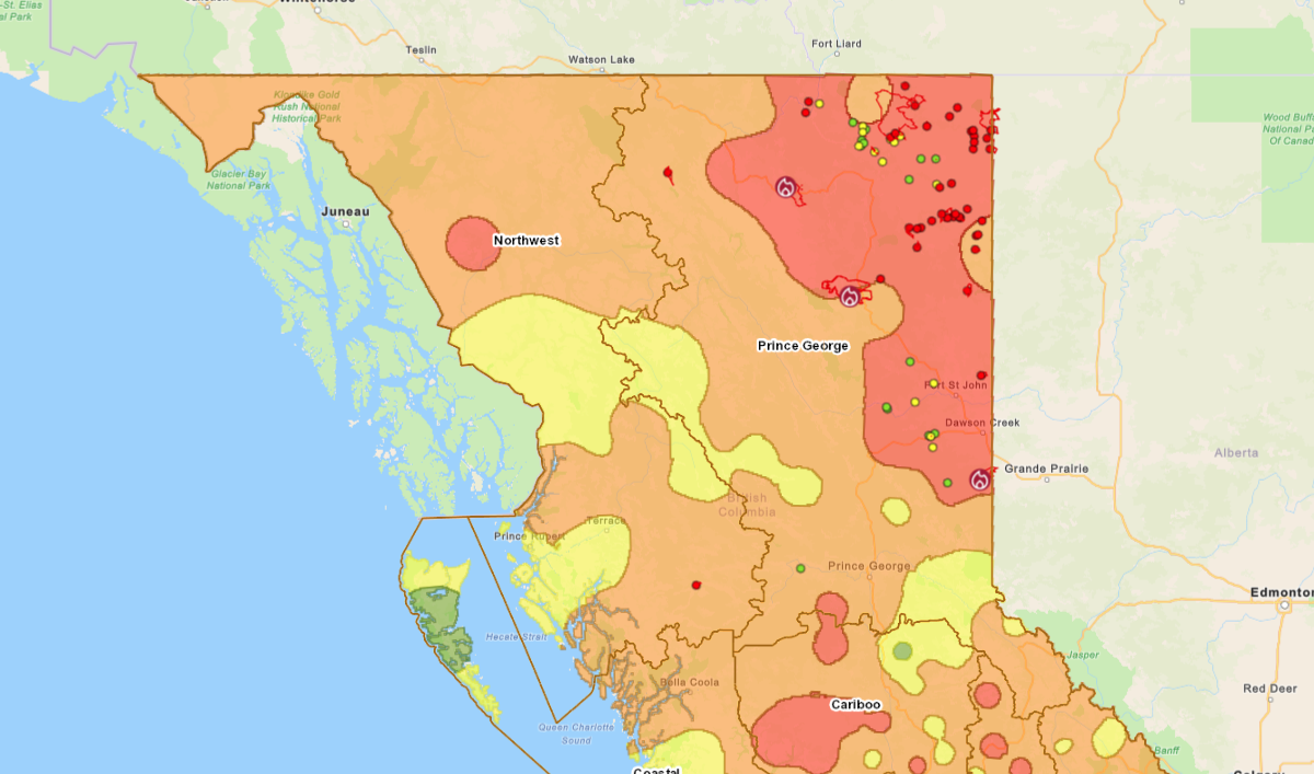 A map of northern B.C. shows mostly orange in the top left with one circle of red. The top right of the map is mostly red with two patches of orange.