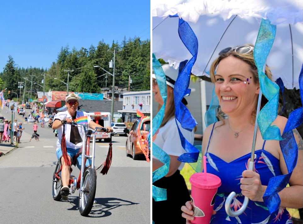 Two photos. On the left, a person wearing a white hat, white shirt and blue shorts rides a cruiser-style bike with a rainbow Pride flag in their hand. On the right, a light-skinned woman with blond hair holding a colourful umbrella smiles at the camera.