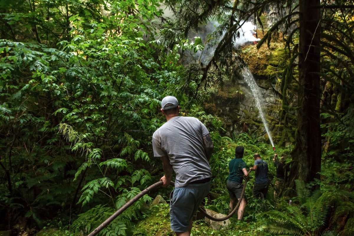 In the foreground, a man wearing a ball cap and a grey T-shirt with his back to the camera holds a hose. In the background, three more people hold and direct the hose to spray water on a forest fire. Flames and smoke can be seen among thick trees in the background.