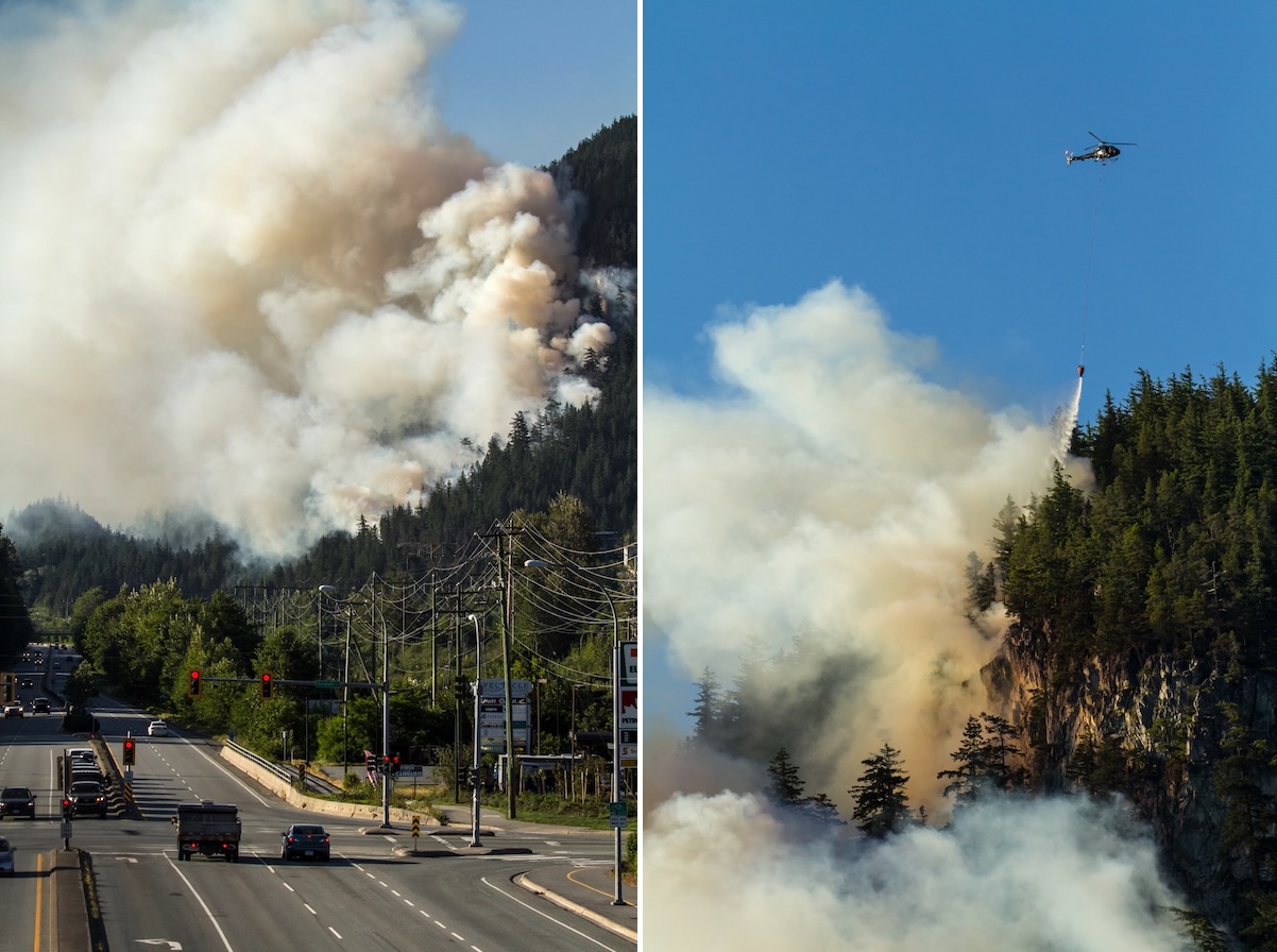 Two photos. On the left, thick smoke rises from a mountainside, with an urban roadway in the foreground. On the right, a helicopter drops water from a dangling bucket on a forest fire on the side of a mountain.