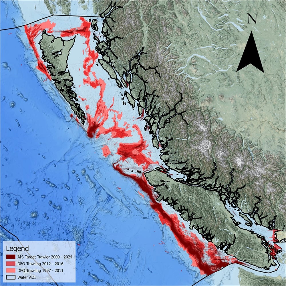 A map of the B.C. coast delineates light, medium and dark-toned red areas that show AIS data from 2009 to 2024, DFO’s trawling footprint from 2012 to 2016 and DFO’s trawling footprint from 1997 to 2011.