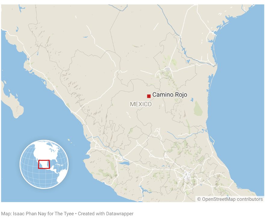 A map shows the location of the Camino Rojo mine in Mexico.