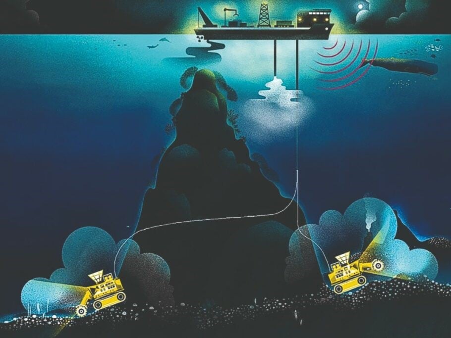 An illustration of how seabed mining is done shows a ship with cables connected to machines operating far below on the sea floor.