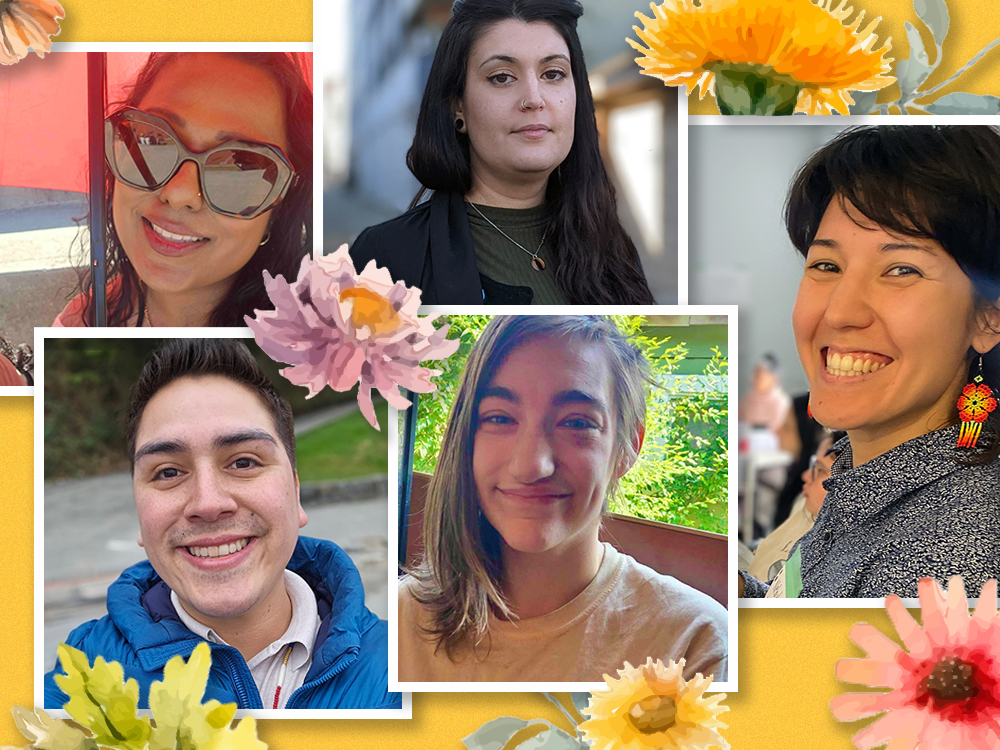Small photographs of five young adults are framed with small white borders and placed in a collage-like arrangement over a yellow background with yellow, pink and orange flowers.