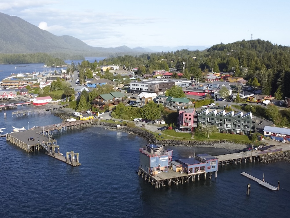 Aerial view of docks and buildings on land jutting into the ocean with tree-covered mountains behind.