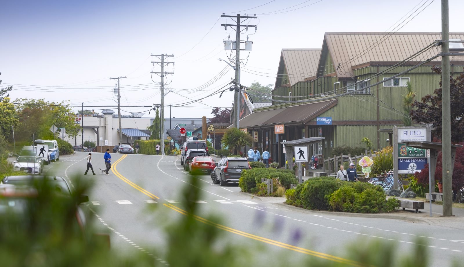 A road through a small town, with small business lining the right side.