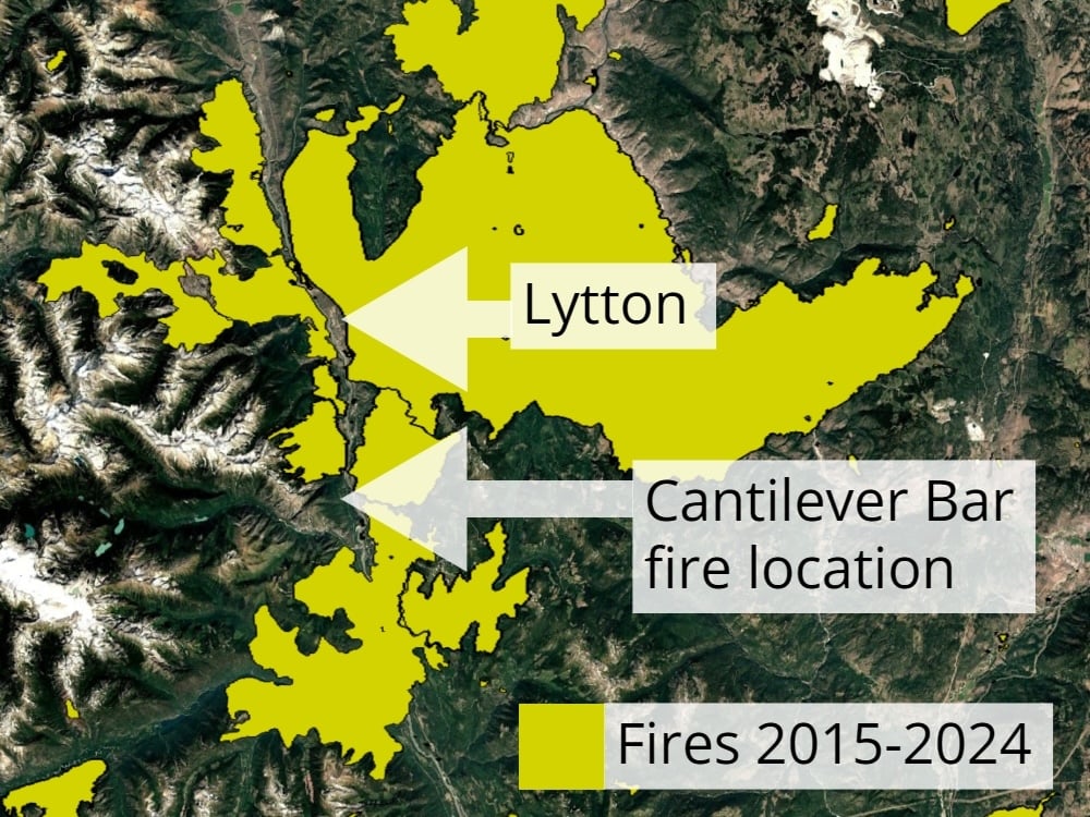A satellite map shows the locations of current and previous fires around Lytton.
