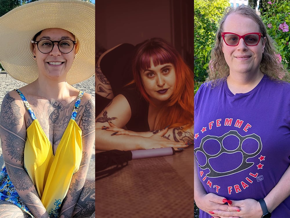 A collage shows images of, from left to right: a fair-skinned woman with tattoos and a bright yellow top sitting on the beach with a hat; a fair-skinned woman with dark lipstick and ginger hair leaning on her elbows with a purple-handled flail in front of her; and a woman in a garden with red glasses and nails and a purple shirt that reads, ‘Femme ain’t frail.’