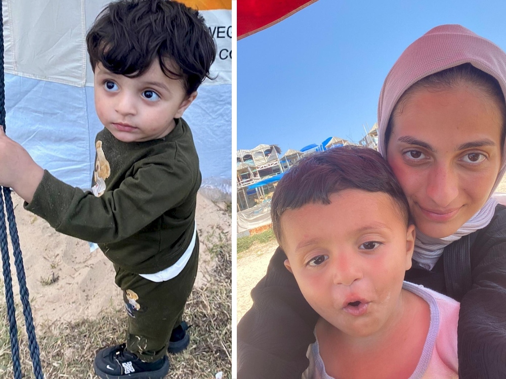 On the left, a young boy with dark hair and medium-light skin tone stands outside a tent. On the right, a woman with medium-light skin tone wearing a head covering holds the same young boy in front of her.