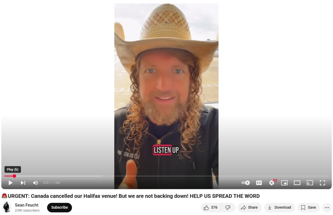 Sean Feucht, who has long blond hair and is wearing a cowboy hat, speaks directly to the camera in a video shot vertically.