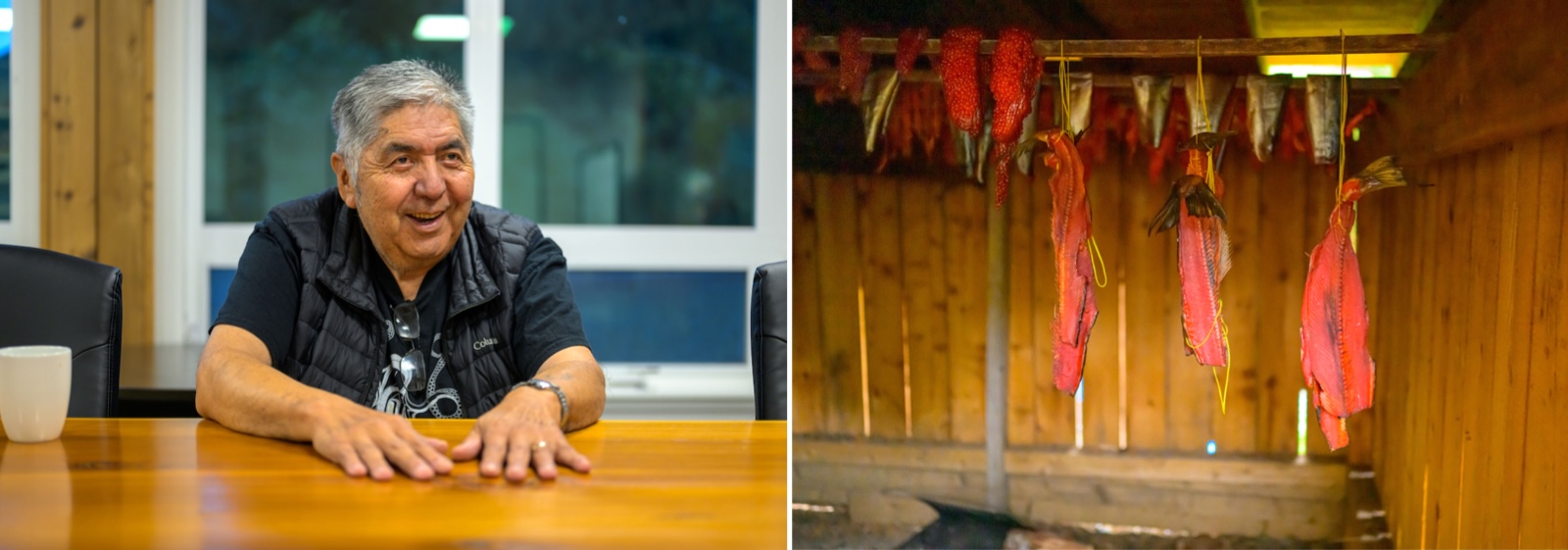 Two photos. On the left, Haay-maas has silver hair and medium-light skin tone. He sits with his hands outstretched on a wooden table. On the right, filleted salmon hang from the ceiling in a smokehouse.