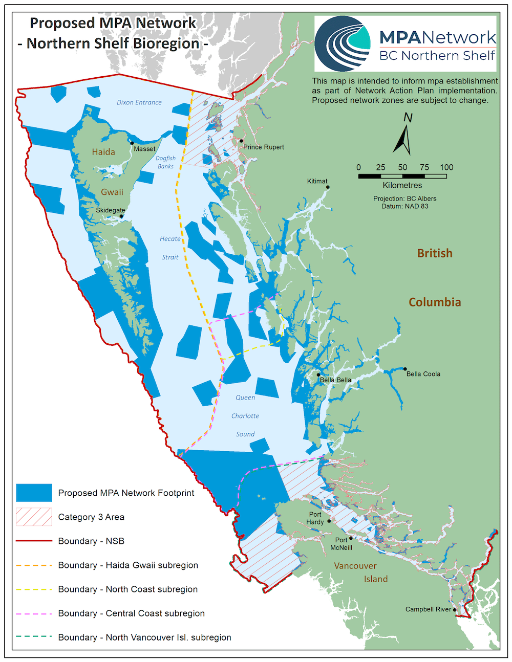 A map shows the northern end of Vancouver Island up to the top of Haida Gwaii, with many protected zones in dark blue. 