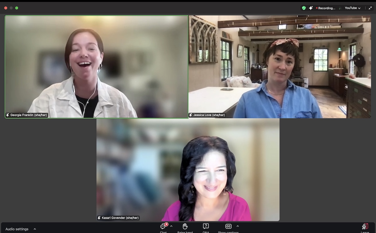 Three people appear on individual feeds on a webinar. Top left, Georgia Franklin; top right, Jessica Love; bottom, Kasari Govender.