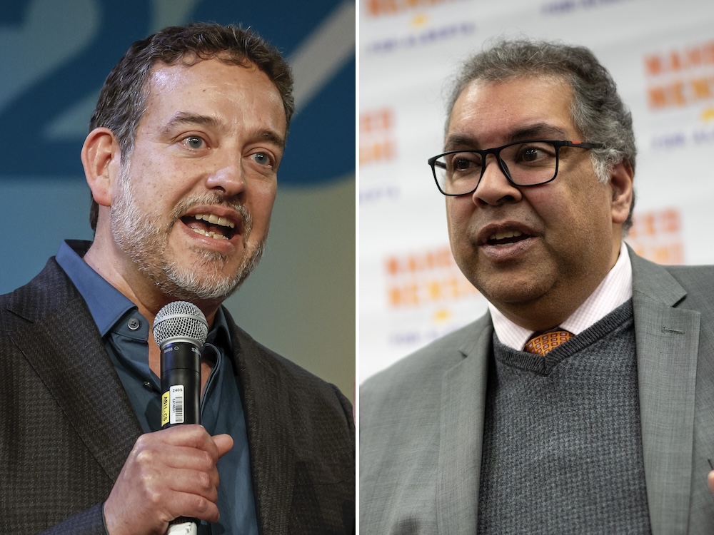 Two photos. On the left, a man with light skin tone and salt-and-pepper hair and beard speaks into a microphone. On the right, a man with medium-dark skin tone, salt-and-pepper hair and glasses appears to be in mid-speech.