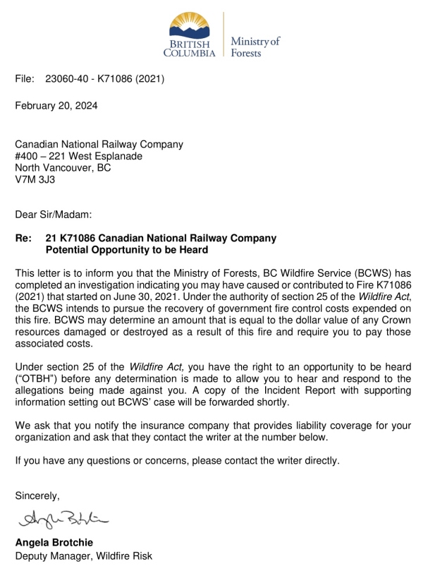 A letter on B.C. government letterhead. It has four paragraphs and is addressed to Canadian National Railway Company.