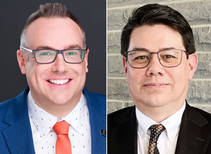Two photos side by side. On the left is Alex Clark, smiling and wearing a blue suit and orange tie. On the right is Dale Mountain, wearing a dark jacket, white shirt and tie.