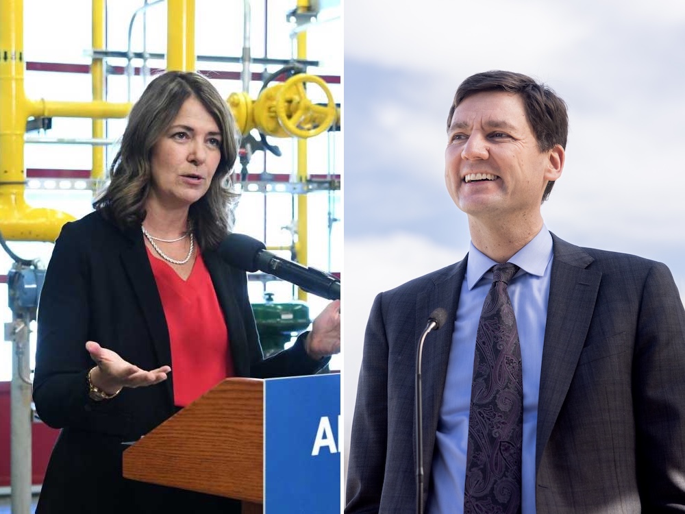 Two photos are side by side, with David Eby on the left and Danielle Smith on the right.