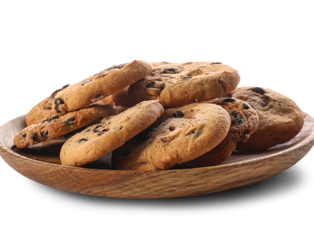 A plate of chocolate chip cookies.