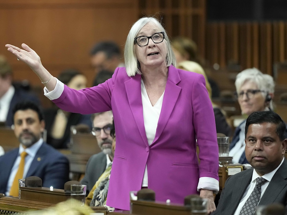 Patty Hajdu, a 58-year-old woman with shoulder-length blond hair, stands and gestures, She wears a dark pink jacket and white shirt.