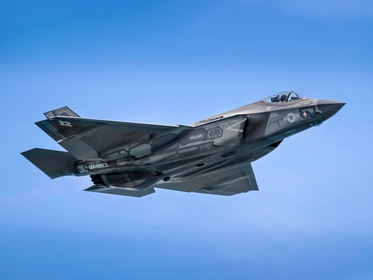 A U.S. F-35 jet in the sky.