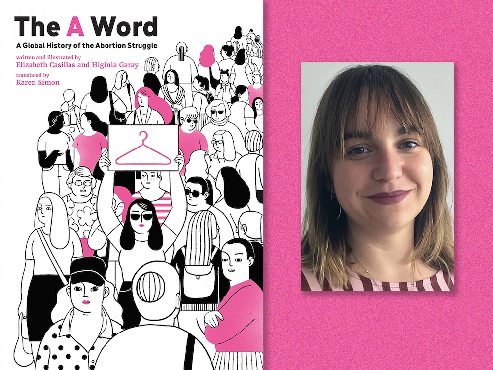 A diptych of the cover of &lsquo;The A Word,&rsquo; left, and the author, Elizabeth Casillas.