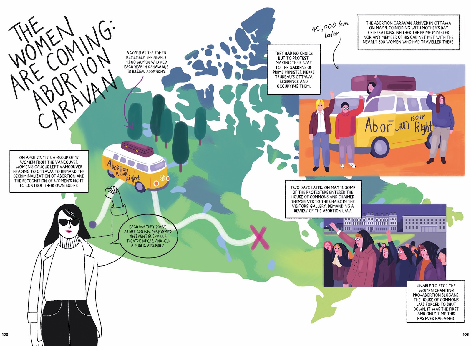 An illustration shows a map of Canada at the centre and tells the story of how, in 1970, a group of women from the Vancouver Women&rsquo;s Caucus left Vancouver to travel to Ottawa to protest for abortion rights. 