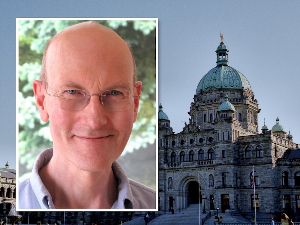 A photo of Tom Barrett superimposed over a photo of the BC legislature building.