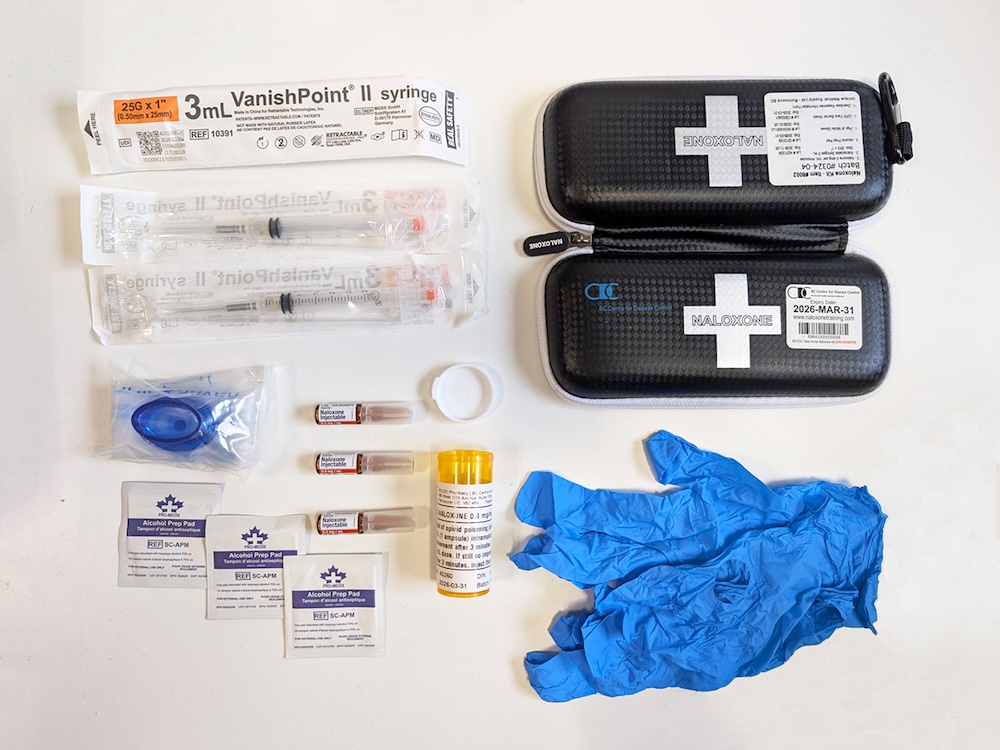 The contents of a free naloxone kit, as described in the caption.