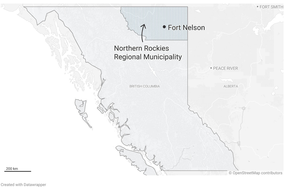 A map of British Columbia shows the rectangular shape of the Northern Rockies Regional Municipality in the far northeast corner of the province.