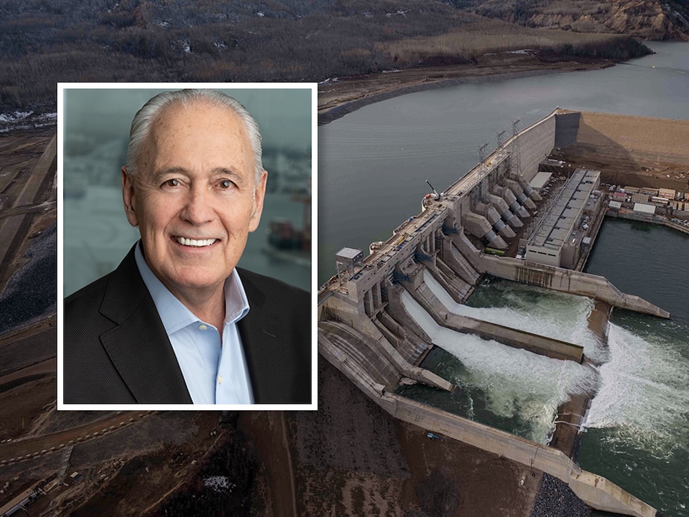In the foreground, a photo of Glen Clark, who is an older man with light skin tone and thinning grey hair. In the background, Site C dam after it has come online.