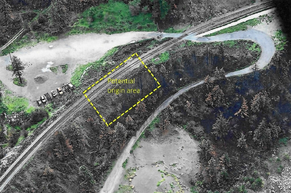 An aerial shot showing a rectangular area labelled &lsquo;Potential origin area&rsquo; close to train tracks where a fire is believed to have started.