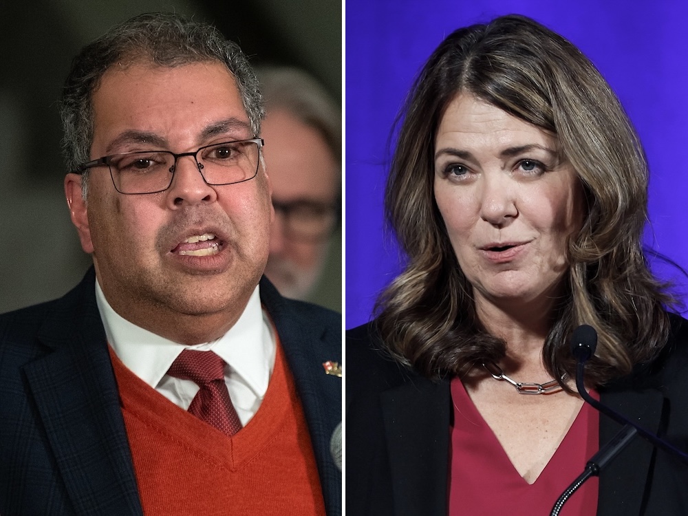 Two photos. On the left, Naheed Nenshi has medium skin tone, short salt-and-pepper hair and glasses. On the right, Danielle Smith has light skin tone and shoulder-length wavy brown hair. Both are mid-speech.