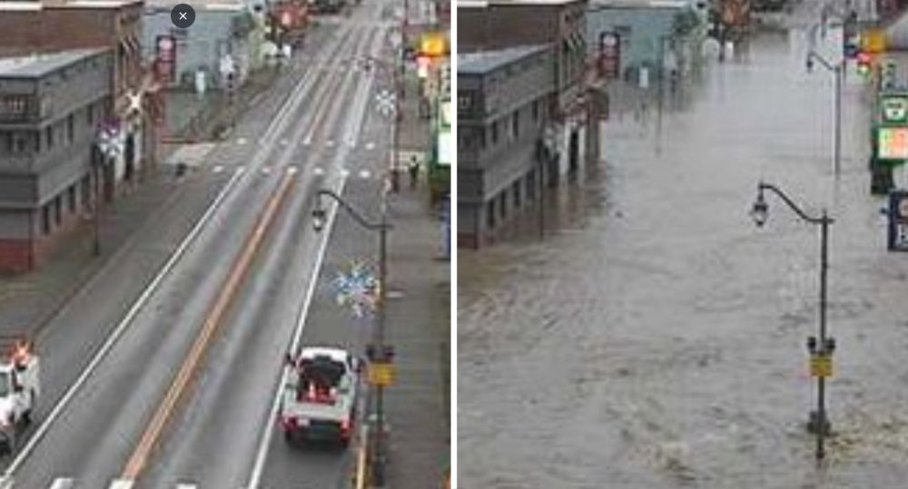 A diptych. On the left, a clear road through a downtown area. On the right, water has inundated the area, completely covering the road and going several feet up the streetlight poles.