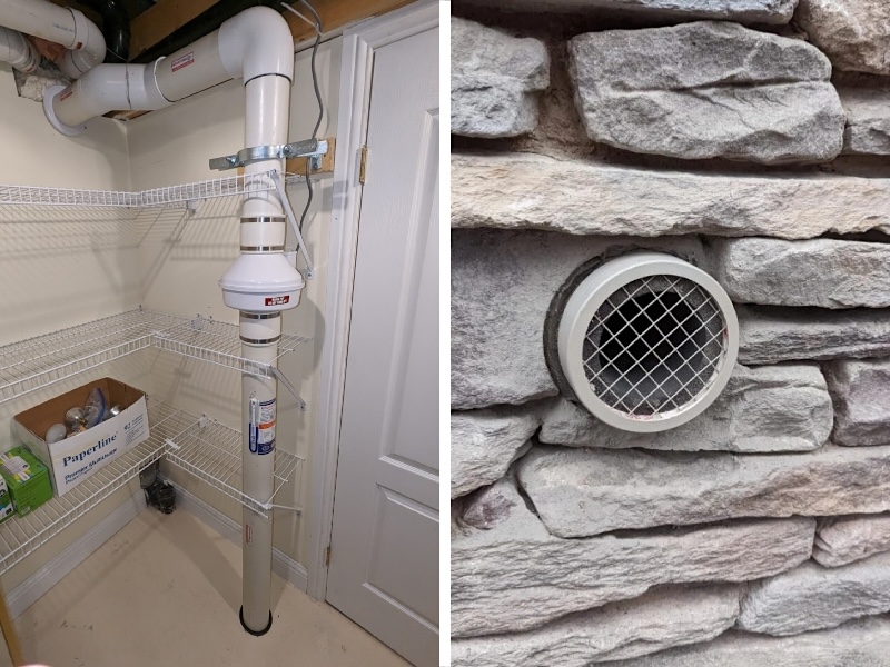 Left: Ventilation tubes run mostly vertically through a basement storage area. Right: A small round ventilation outlet in rock home-siding.