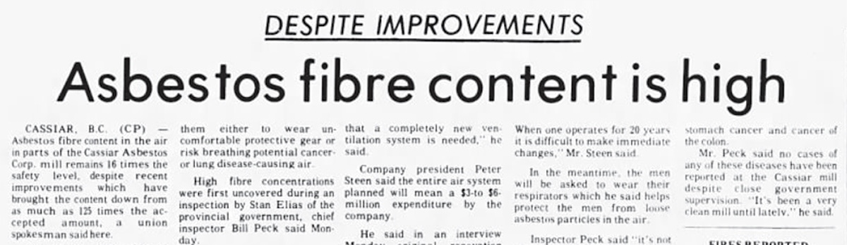 A newspaper clipping with a headline that reads, &lsquo;Despite improvements, asbestos fibre content is high.&rsquo;