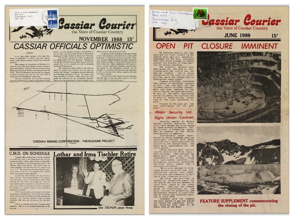 The front pages of two editions of the Cassiar Courier, with the headlines &lsquo;Cassiar Officials Optimistic&rsquo; and &lsquo;Open Pit Closure Imminent.&rsquo;