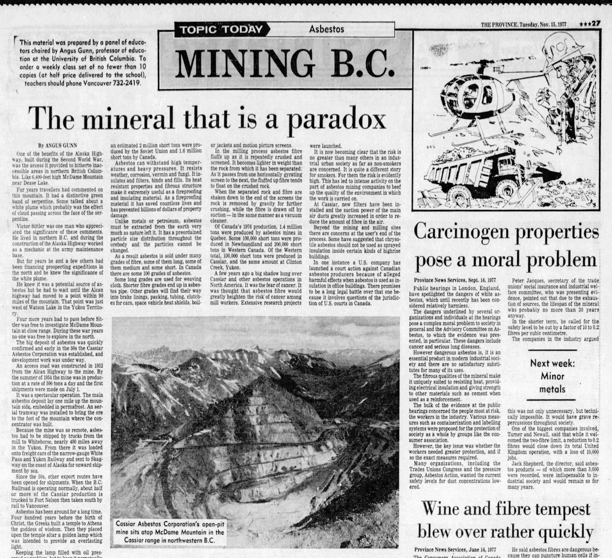 A newspaper screenshot of a story with the headlines &lsquo;The mineral that is a paradox&rsquo; and &lsquo;Carcinogen properties pose a moral problem.&rsquo;