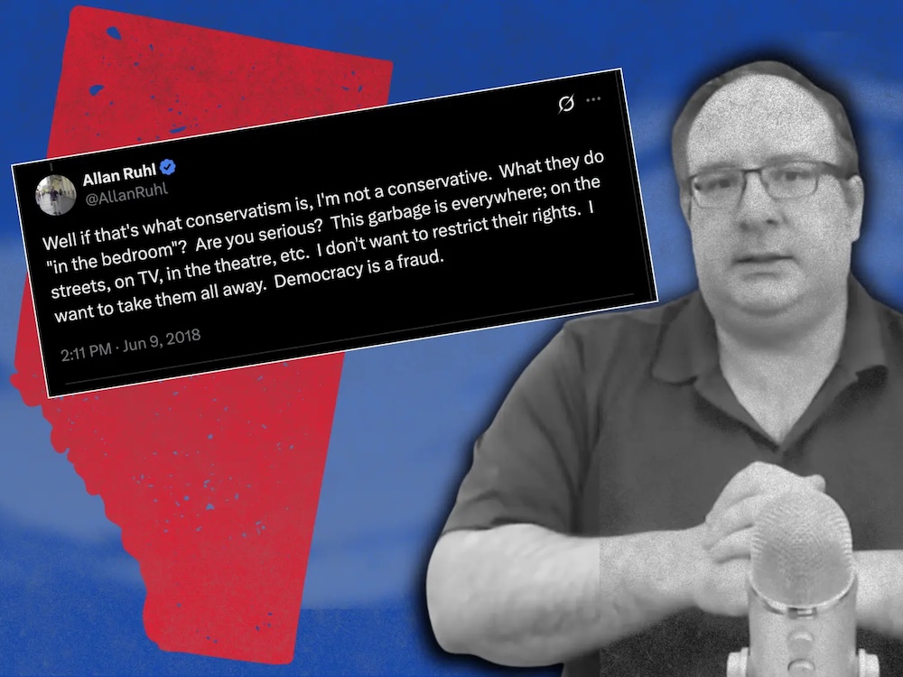 A collage shows a quote from X and a black-and-white image of a heavy light-skinned man wearing a golf shirt.