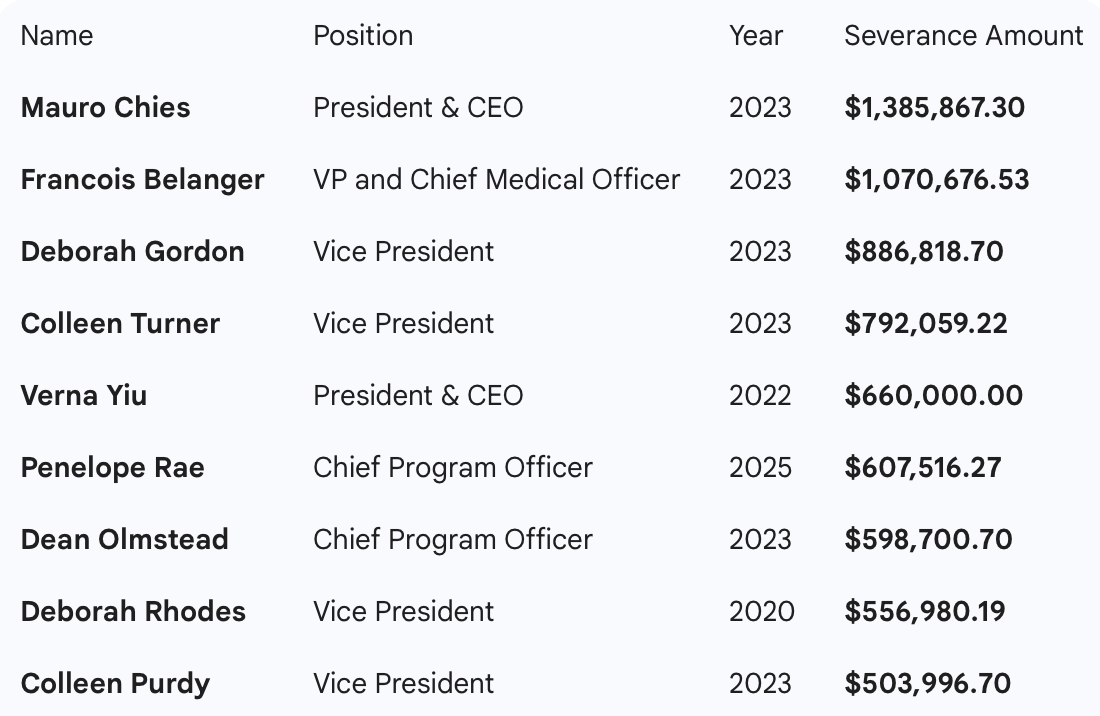A table shows a list of names, positions, the year and the severance amount paid.