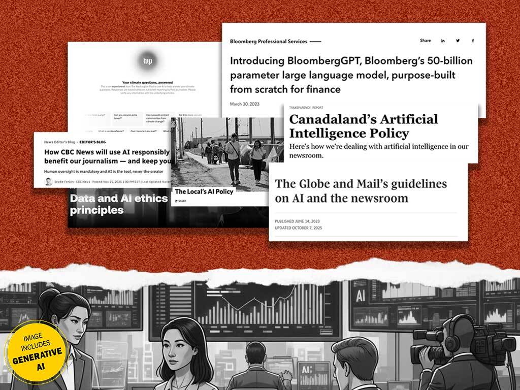 A collage shows AI-generated journalists on the bottom and headline snippets from newsroom AI policies above.
