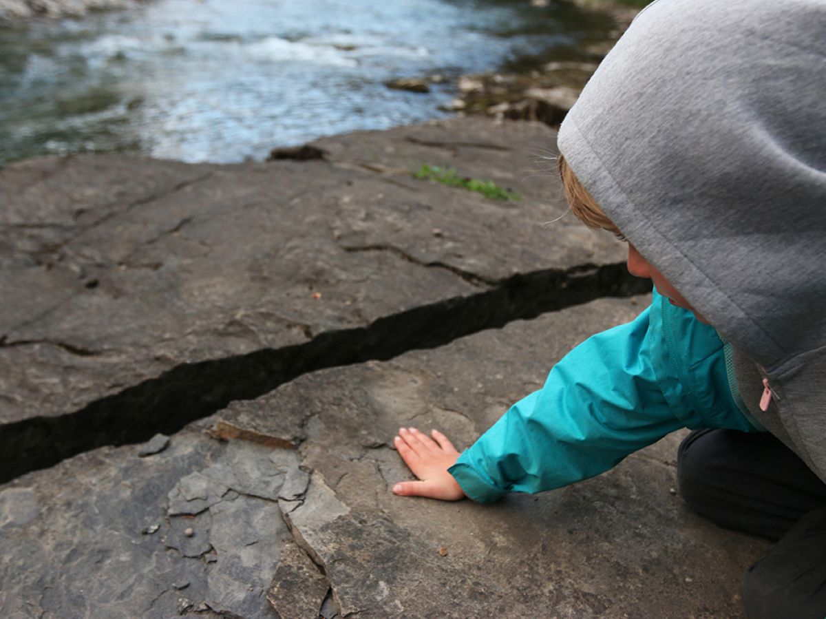 A child places their hand on a dinosaur footprint embedded in a rock.