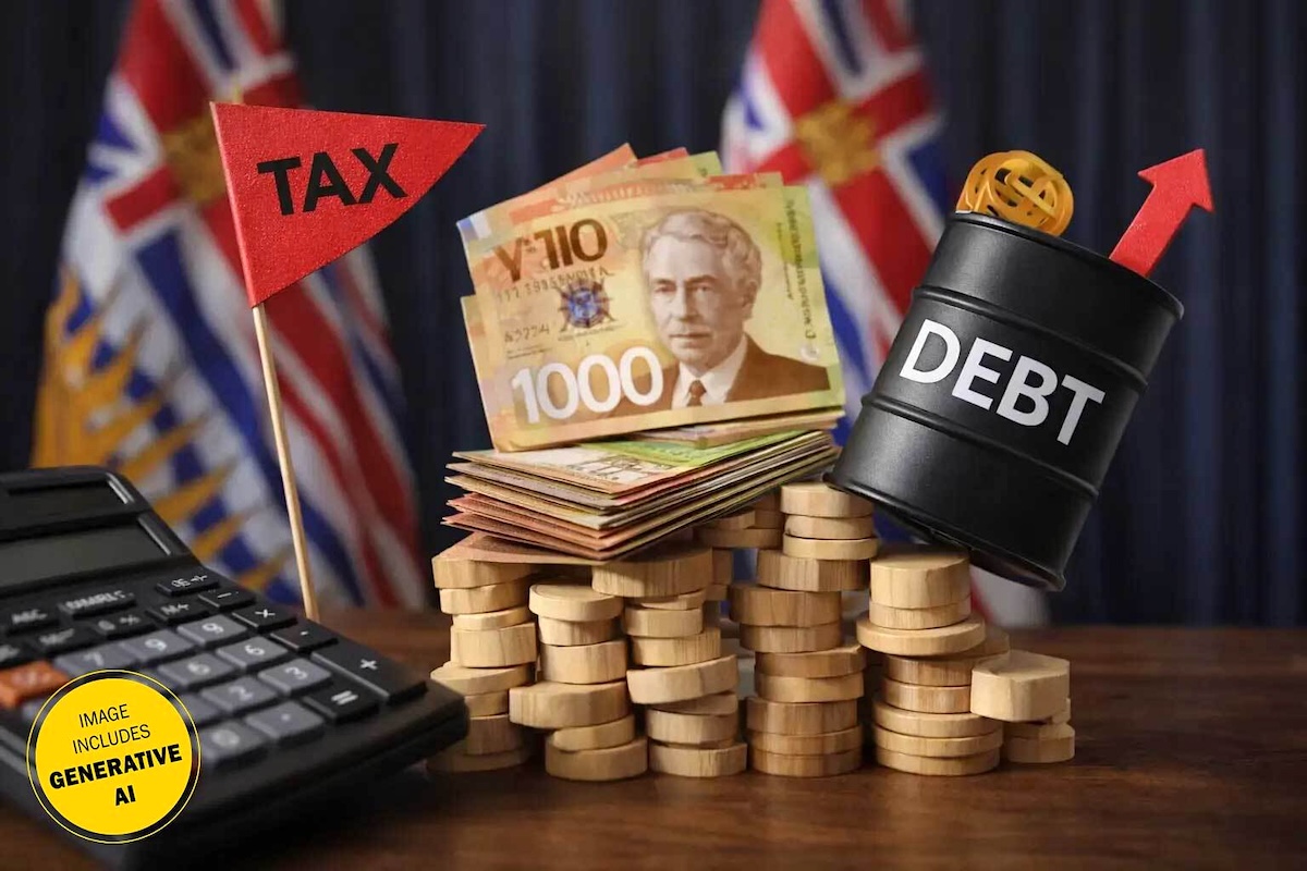 An AI-generated image shows a collage of various elements, including a calculator, a miniature oil drum with the word &lsquo;debt,&rsquo; wooden coins and an inaccurate image of a $1,000 Canadian bill. Two B.C. provincial flags can be seen in the background.